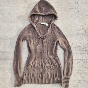 DKNY Green Y2K Bella Swan V Neck Knit Long Sleeve Hooded Babydoll Sweater Top, S